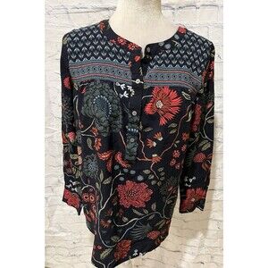 ANN TAYLOR LOFT WOMENS BOHO BLOUSE Navy FLORAL LONG SLEEVE Round Neck Medium